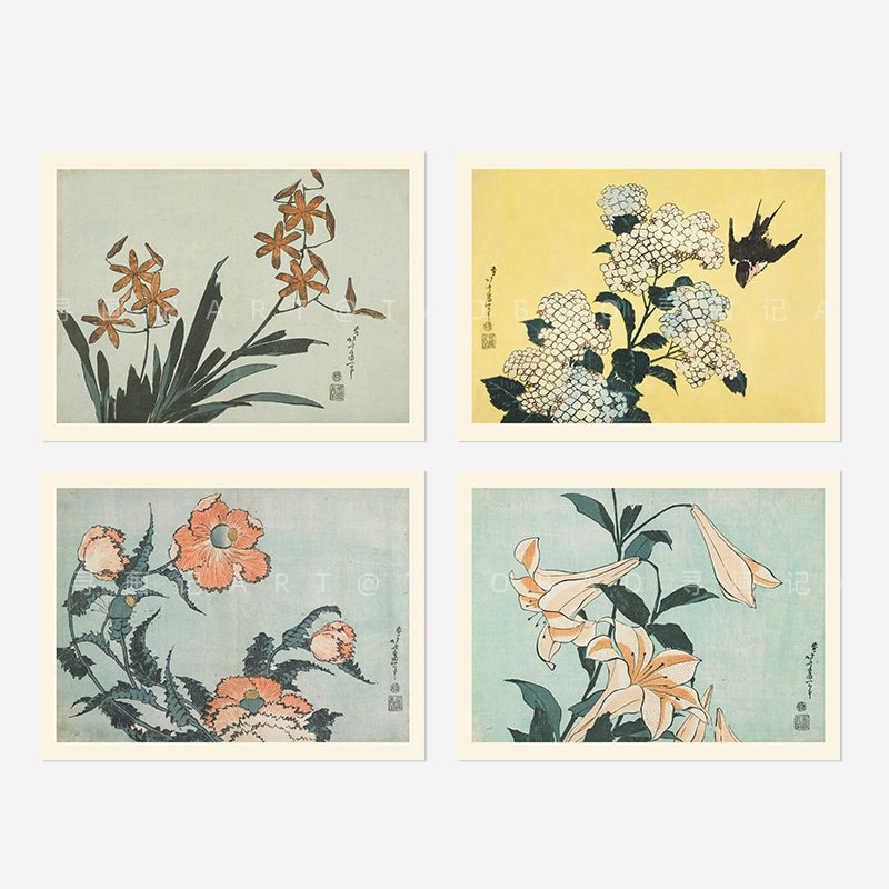 复古泛黄花卉艺术纸质画芯中古法式绣球兰花百合装饰挂画内芯横版图片