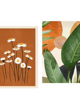 绿色芭蕉树叶植物艺术海报替换画芯橙色小雏菊装饰挂画不要带框