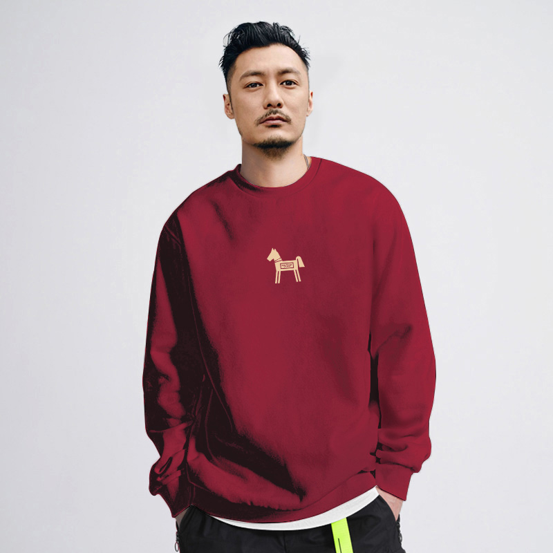 酒红色圆领卫衣男士2026新款