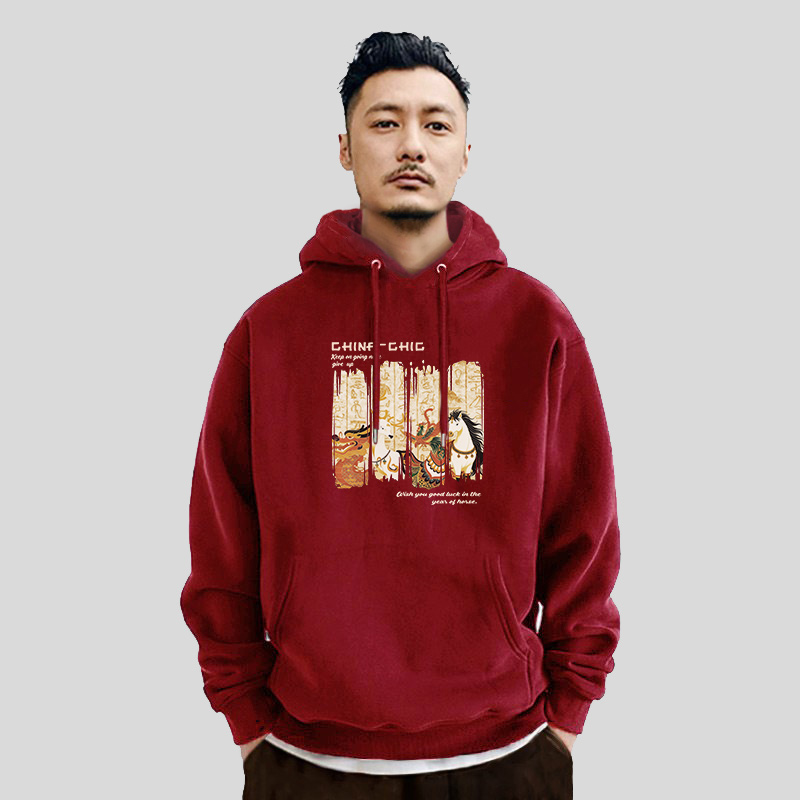 新款马年本命年酒红色连帽卫衣