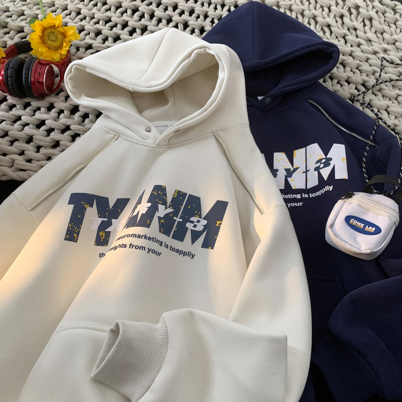 秋冬加绒加厚美式撞色连帽卫衣男