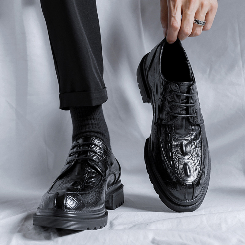 皮鞋男款秋冬2024新款商务正装鳄鱼纹男鞋英伦黑色内增高休闲鞋子