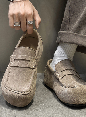 男鞋秋季2025新款真皮透气老钱风男士皮鞋休闲豆豆鞋一脚蹬乐福鞋