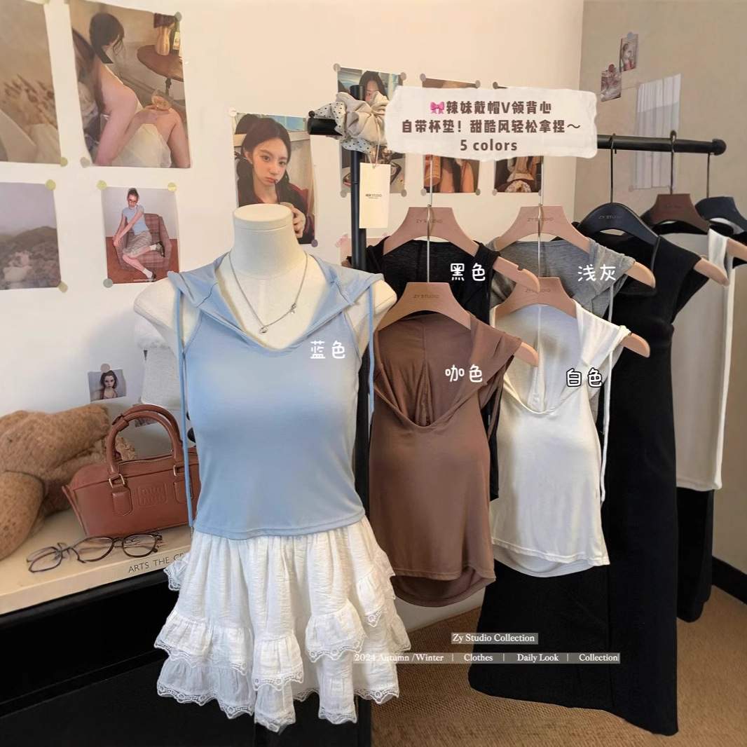 连帽辣妹露背无袖背心女夏季新款修身显瘦短款外穿上衣