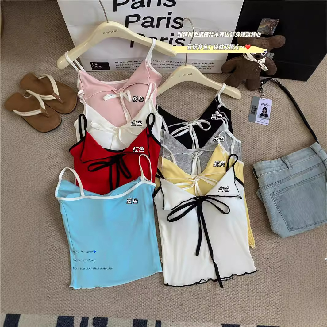 纯欲撞色翻领系带蝴蝶结吊带背心女装夏季新款带胸垫修身无袖上衣