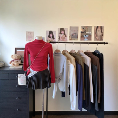 长袖T恤女秋冬内搭磨毛德绒半高领修身褶皱打底衫小个子短款上衣