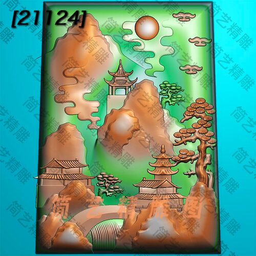 精雕图jdp玉雕图方形长型山水人物浮雕图灰度图bmp