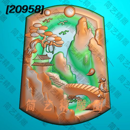 精雕图jdp玉雕图梯形山水人物浮雕图灰度图bmp