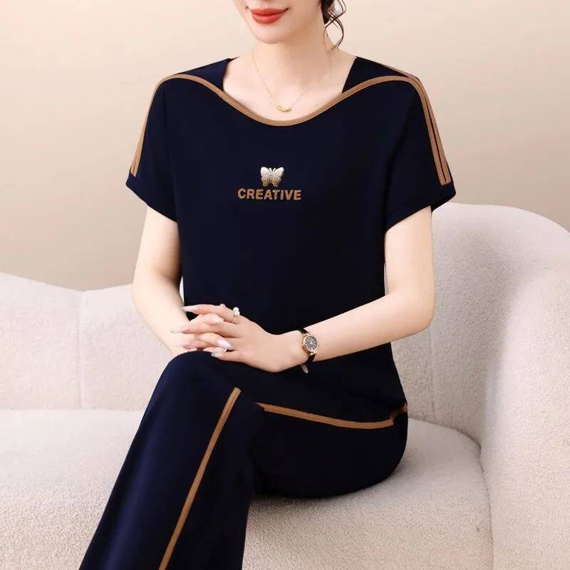 时尚套装女夏季2025新款减龄显瘦洋气妈妈短袖长裤休闲运动两件套