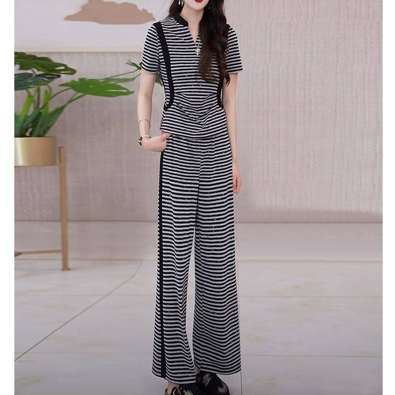 时尚休闲运动套装女夏季新款洋气减龄显瘦条纹短袖阔腿裤两件套女,女装/女士精品,时尚套装,淘宝优惠券,粉丝福利购,淘宝优惠卷