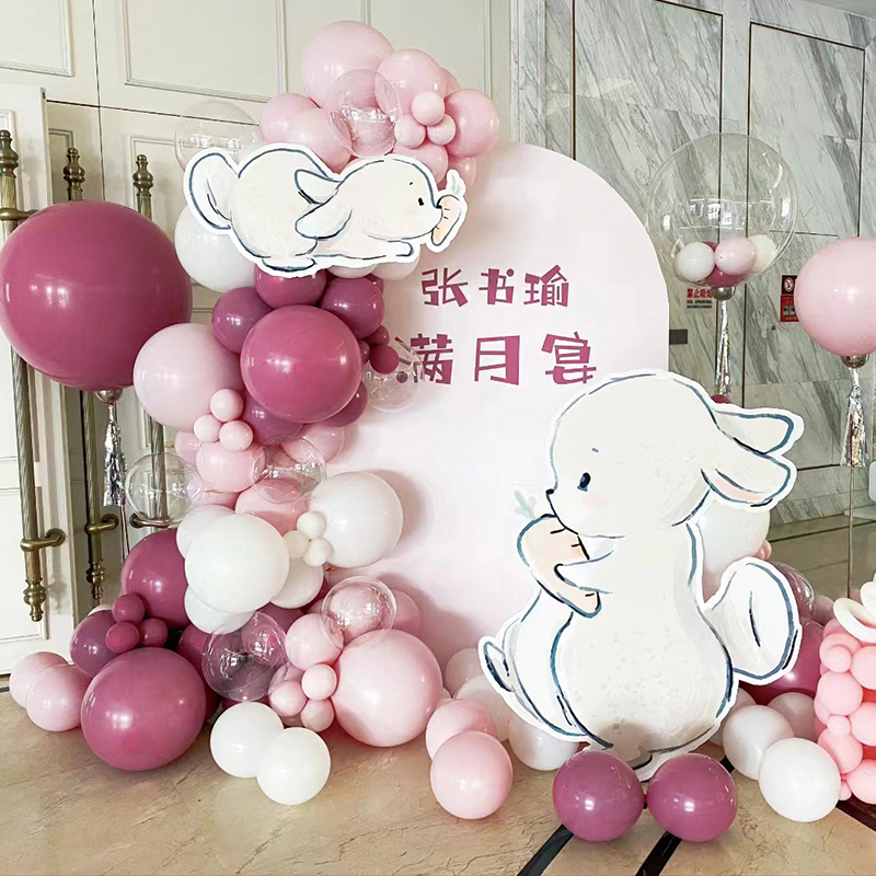 宝宝百日宴布置女兔宝宝满月宴装饰背景板气球套餐周岁生日kt板30