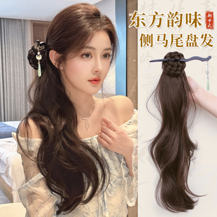 新中式 编发花苞微卷发古风汉服旗袍假辫子 发簪侧马尾假发辫抓夹式