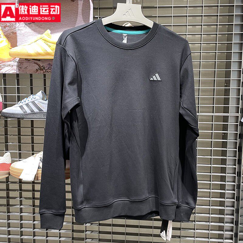 阿迪达斯男装卫衣2026春季新款经典黑色纯棉舒适圆领套头衫KR2507