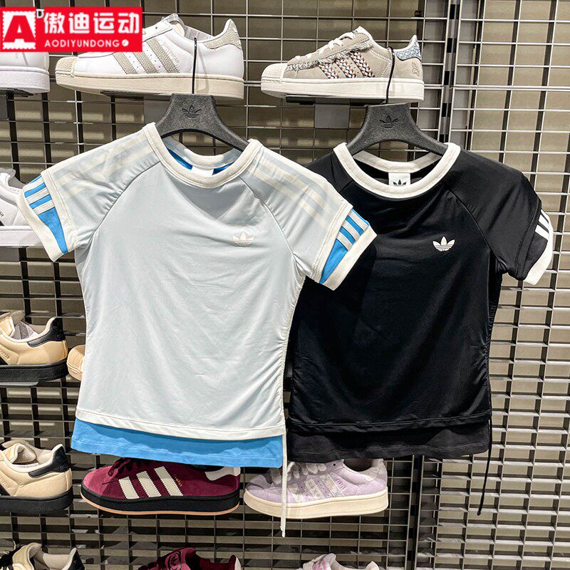 阿迪达斯三叶草女子2026夏新款双层运动修身半截袖短袖T恤 KW4528