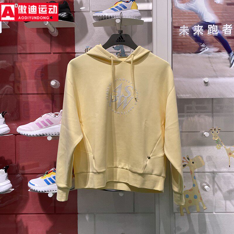 阿迪达斯女装2024冬款字母印花卫衣针织保暖休闲连帽套头衫JJ3545