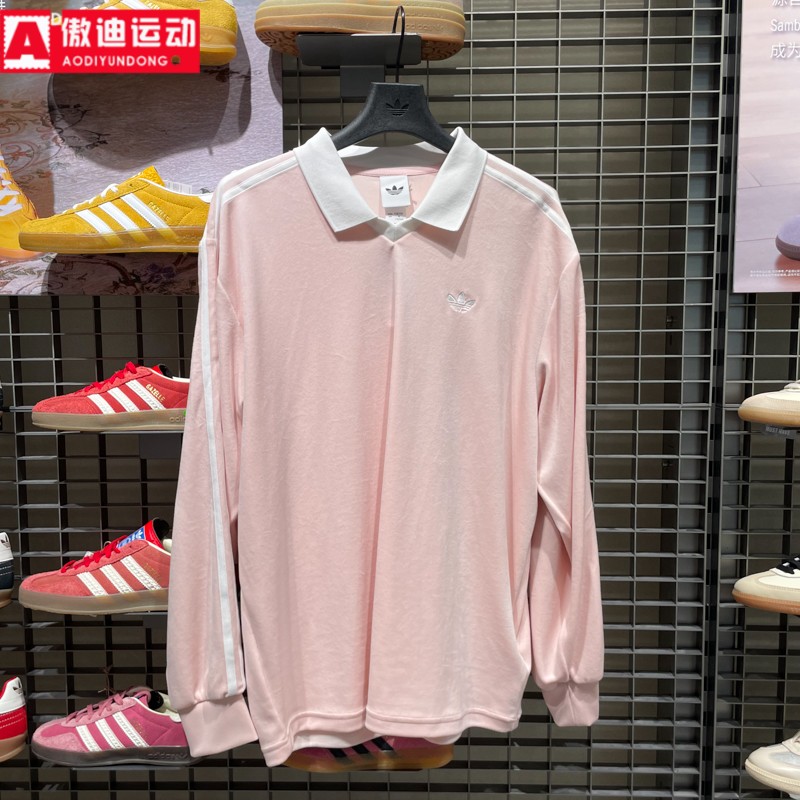 阿迪达斯三叶草男女装2026春情侣天鹅绒针织运动长袖POLO衫KQ5487