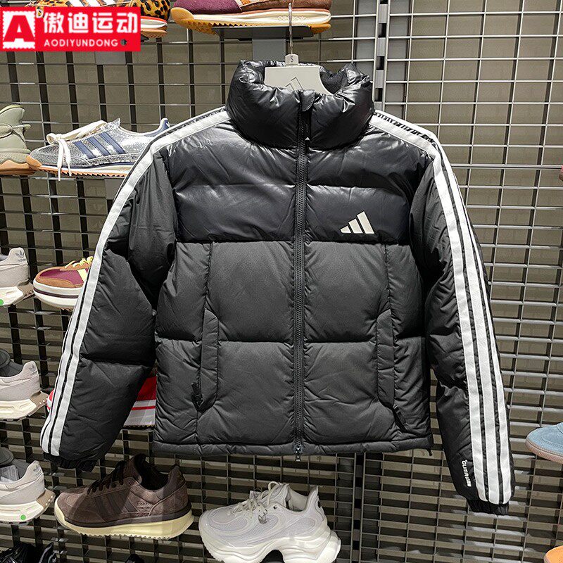 阿迪达斯女子羽绒服2025冬三条纹拒水防寒户外休闲夹克外套KC5894
