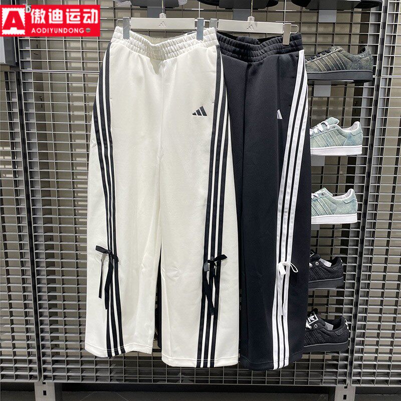 阿迪达斯女裤2025冬季针织三条纹蝴蝶结香蕉裤休闲运动长裤KG3857
