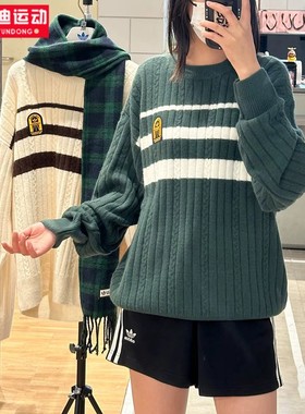 阿迪达斯三叶草情侣装2024冬季休闲学院风针织圆领运动毛衣JC6849