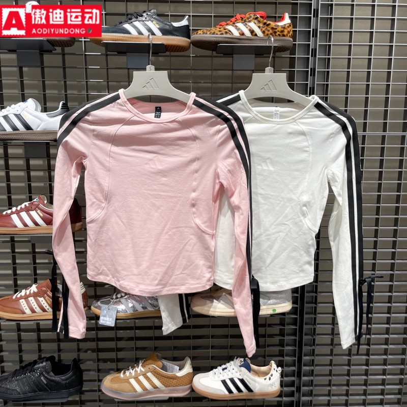 阿迪达斯T恤女2025秋新品三条纹舞动系列短款运动长袖KG3860 3861