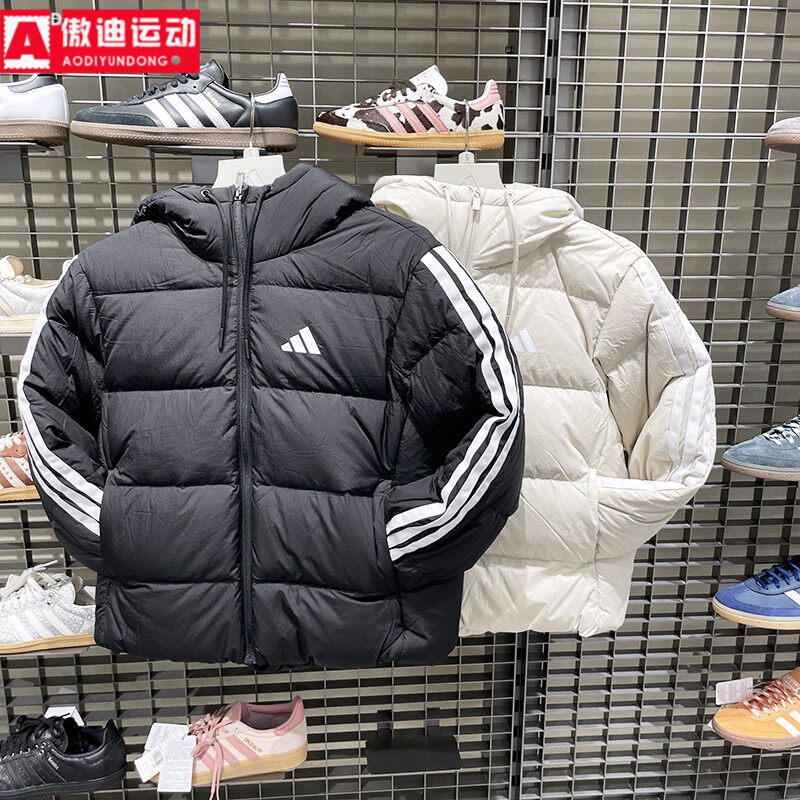 阿迪达斯女款2025冬新款三条纹保暖运动休闲连帽羽绒服外套KH3978
