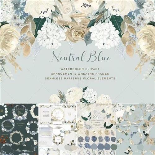 高清手绘水彩蓝色花环边框婚礼LOGO请o柬海报卡片 PNG免抠PS素材