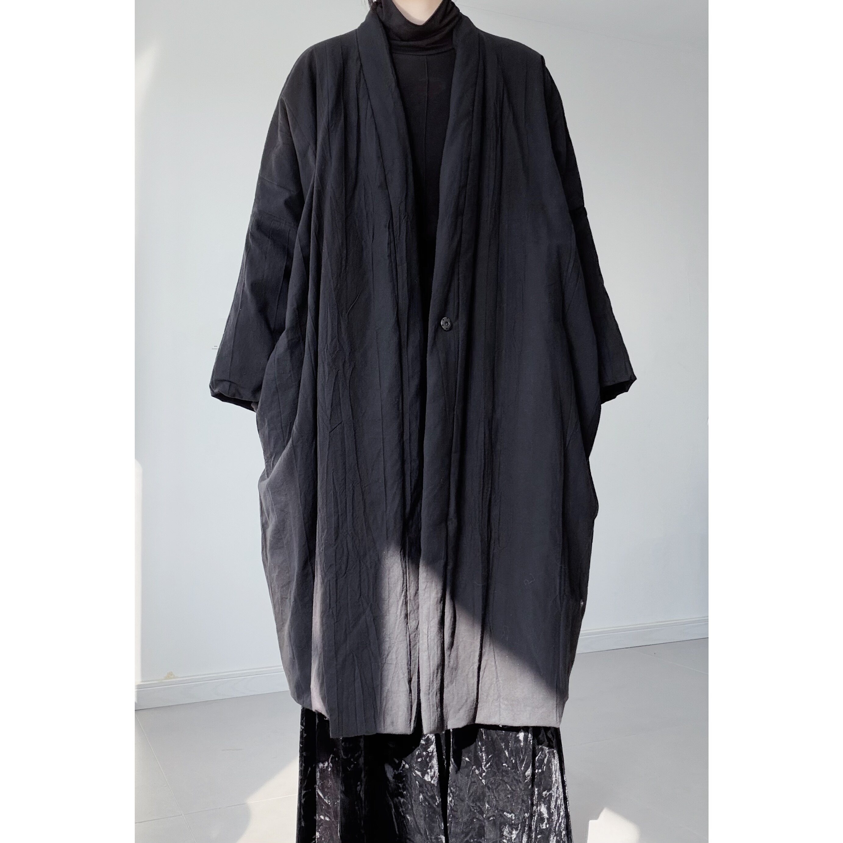 浮木兮/暗黑风肌理纹苎麻宽松中长款棉服一粒扣加厚保暖廓形外套