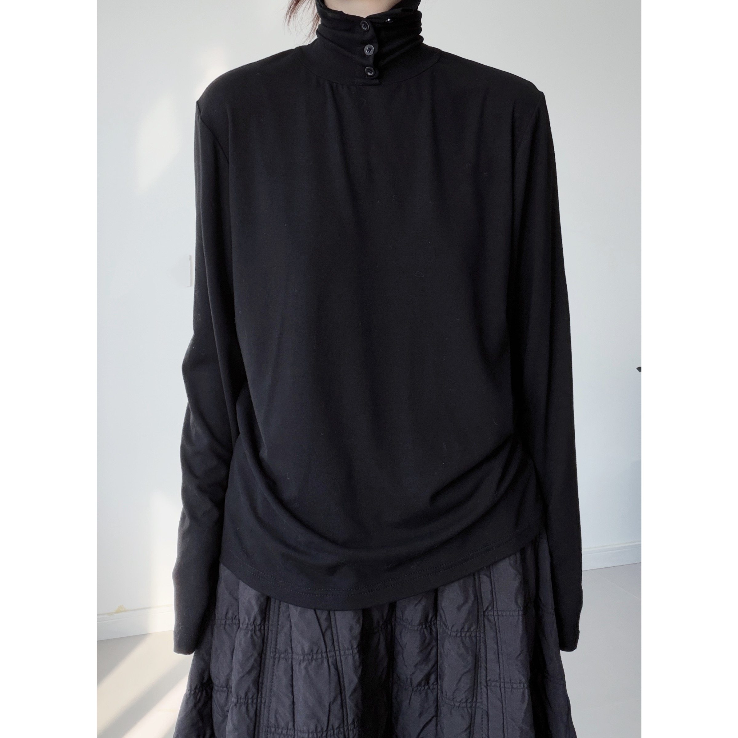 浮木兮/极简风两穿纽扣高领长袖T恤女基础款百搭修身打底上衣