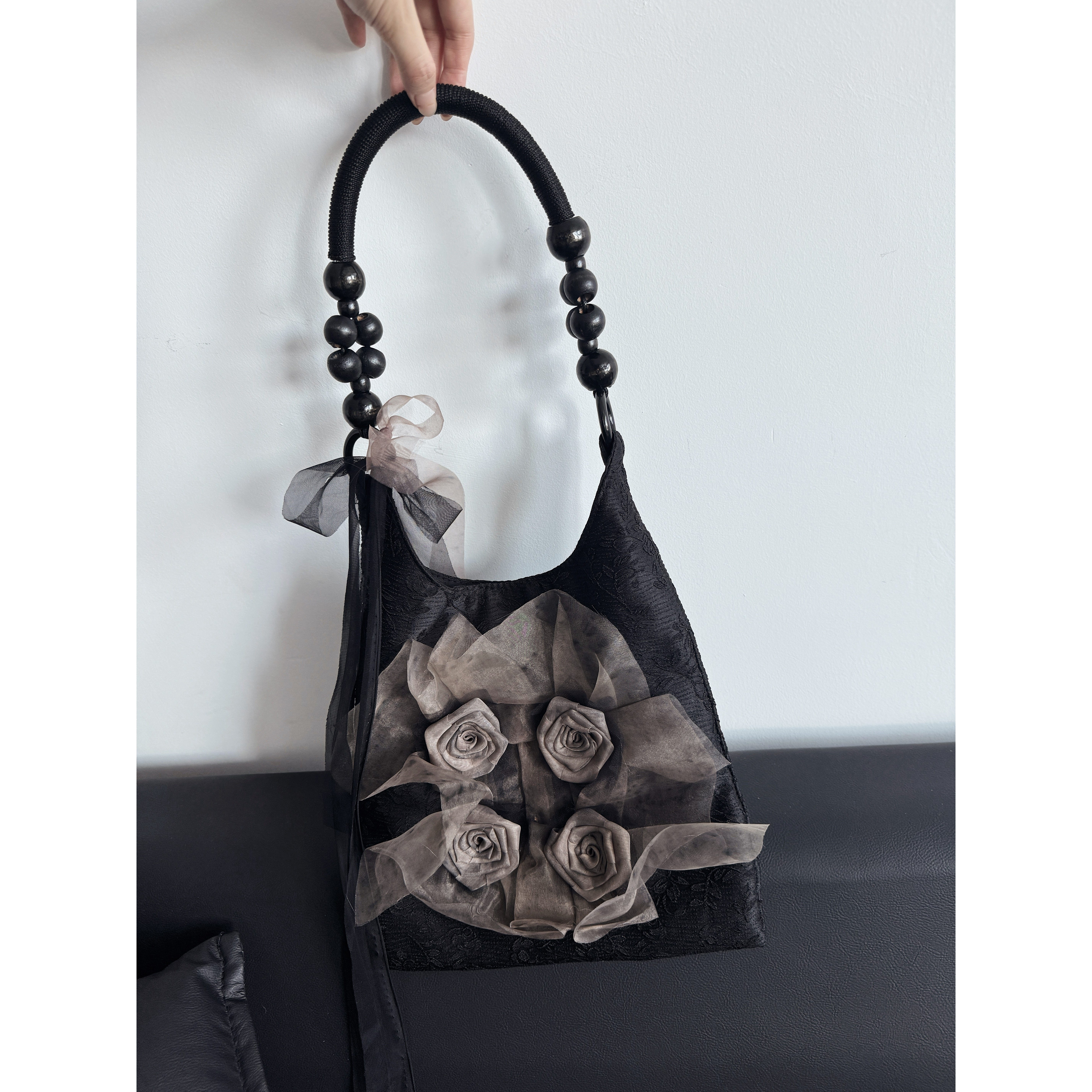 浮木兮/复古国风扎染玫瑰花朵包提花串珠手柄腋下包丝带手提包