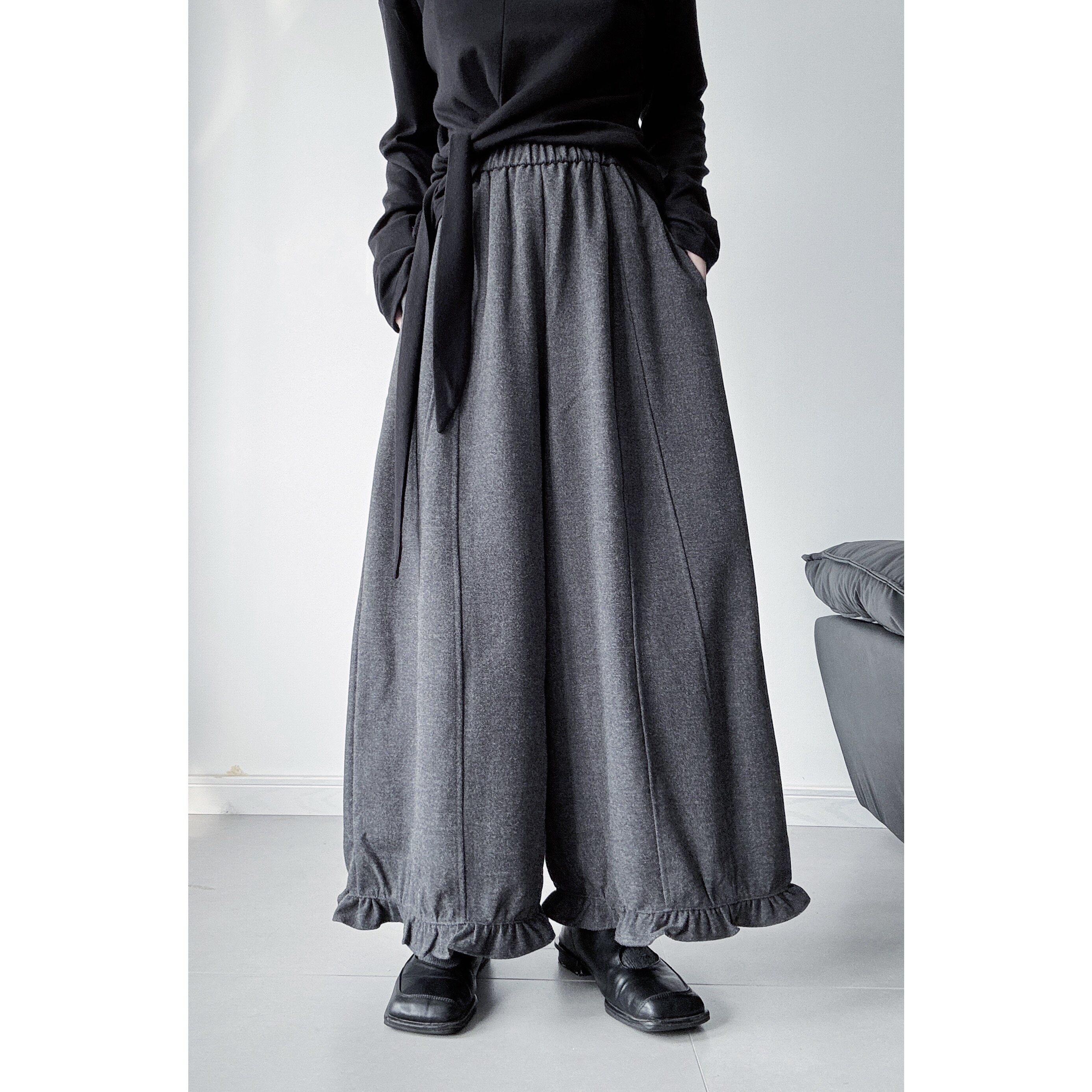 浮木兮/日系木耳边毛呢阔腿裤女灰色宽松垂坠感花苞裤休闲裤秋冬