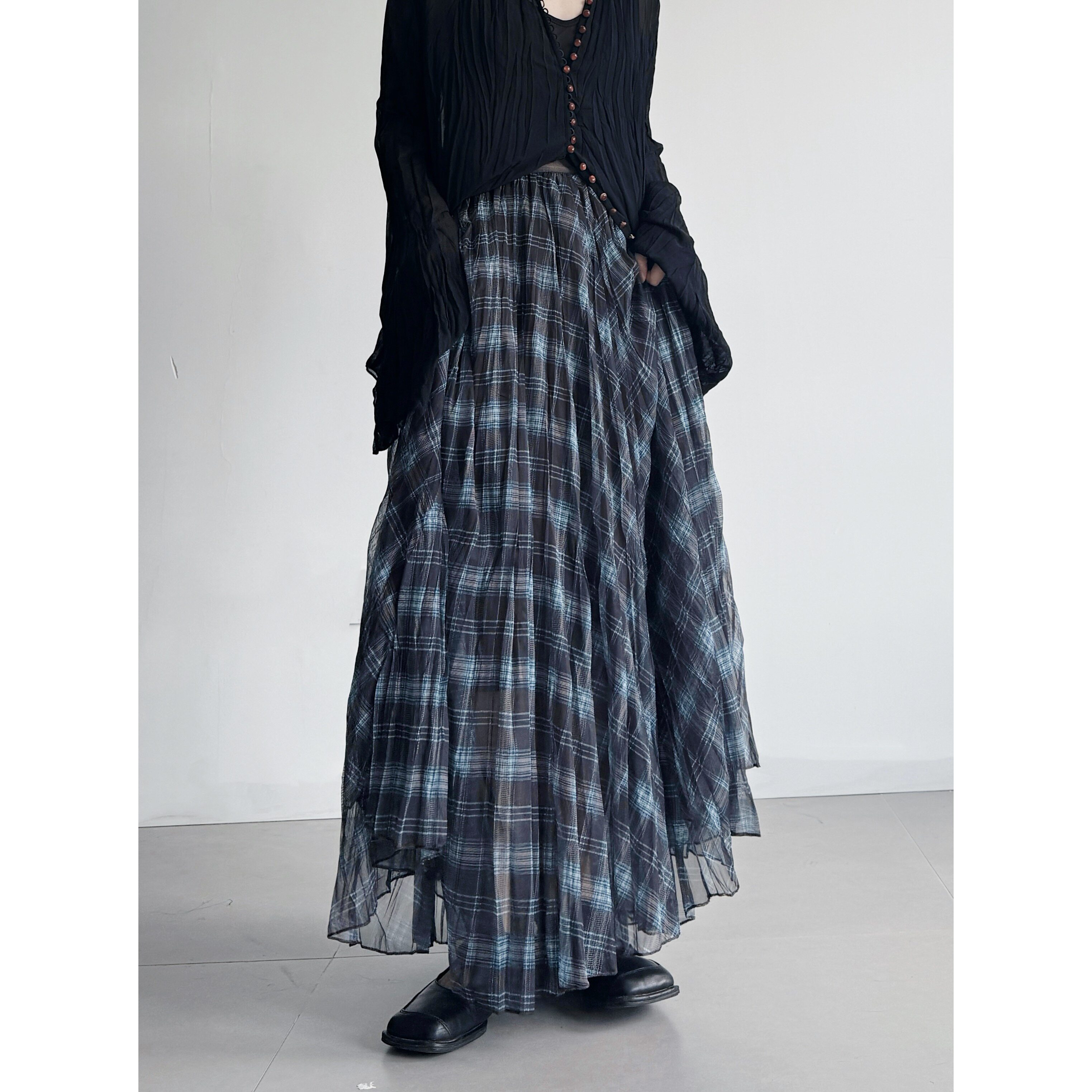 浮木兮 / 复古港风格纹印花大摆裙女秋季宽松遮肉显瘦网纱半身裙