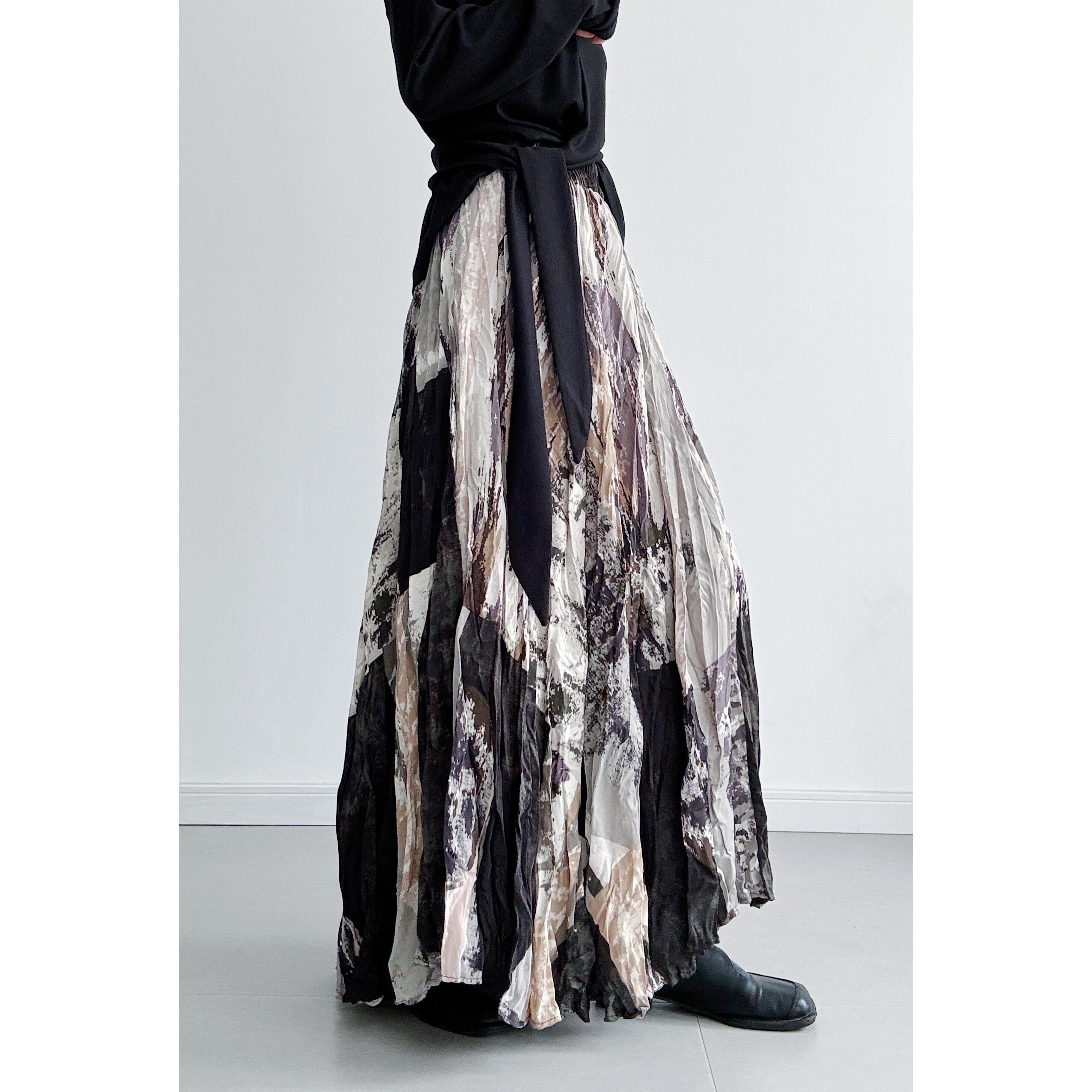 浮木兮/绝美法式复古印花褶皱半身裙女高腰显瘦A字长裙高级感