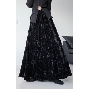 浮木兮 暗黑风丝绒提花半身裙女黑色大摆长裙国风绝美到脚踝长裙
