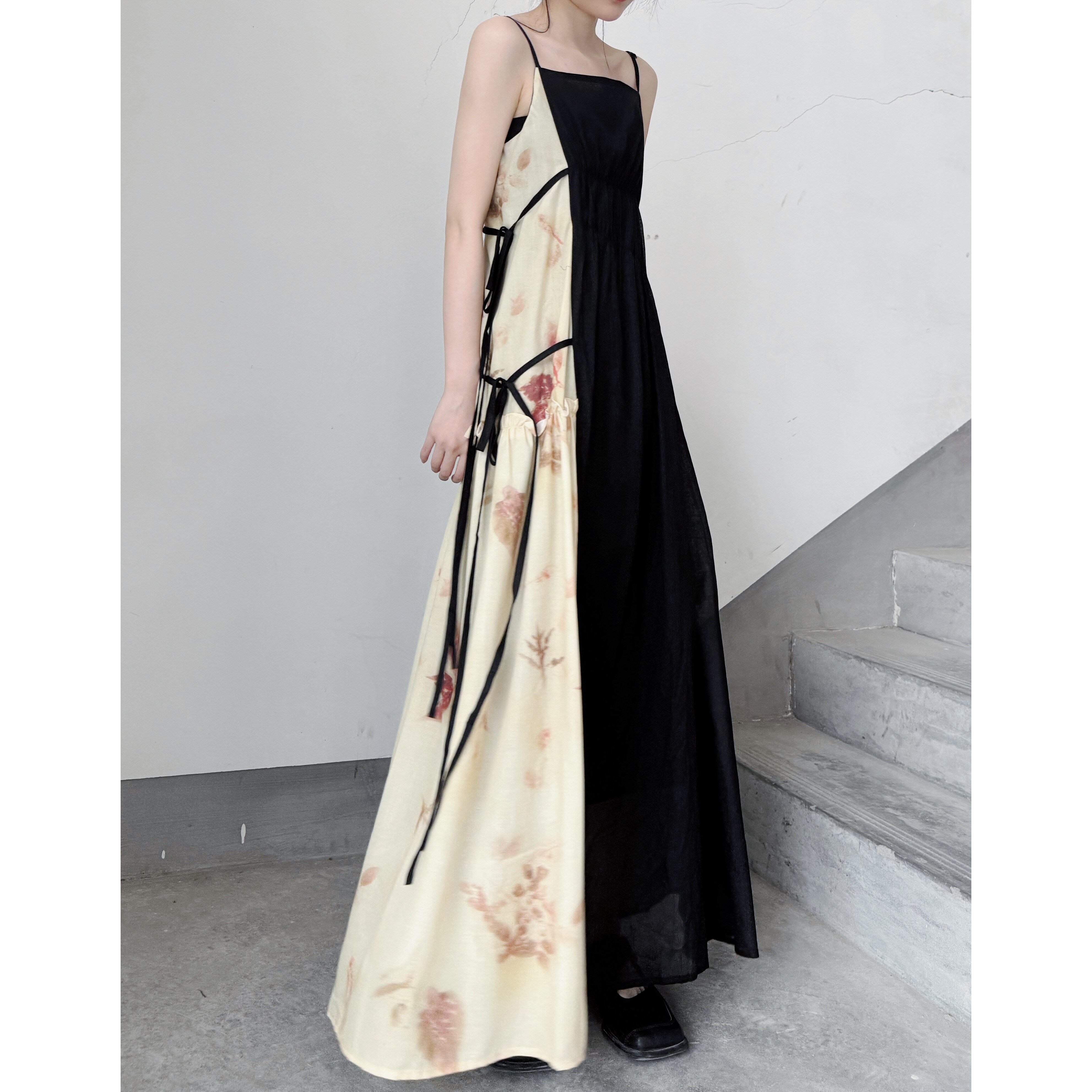 浮木兮/清冷感文艺拼接系带棉麻吊带连衣裙国风复古撞色长裙夏季