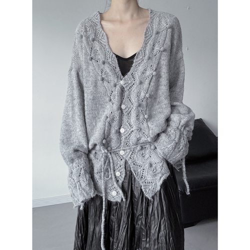 浮木兮/小众设计感钩花毛衣女秋冬新款宽松慵懒风针织开衫外套