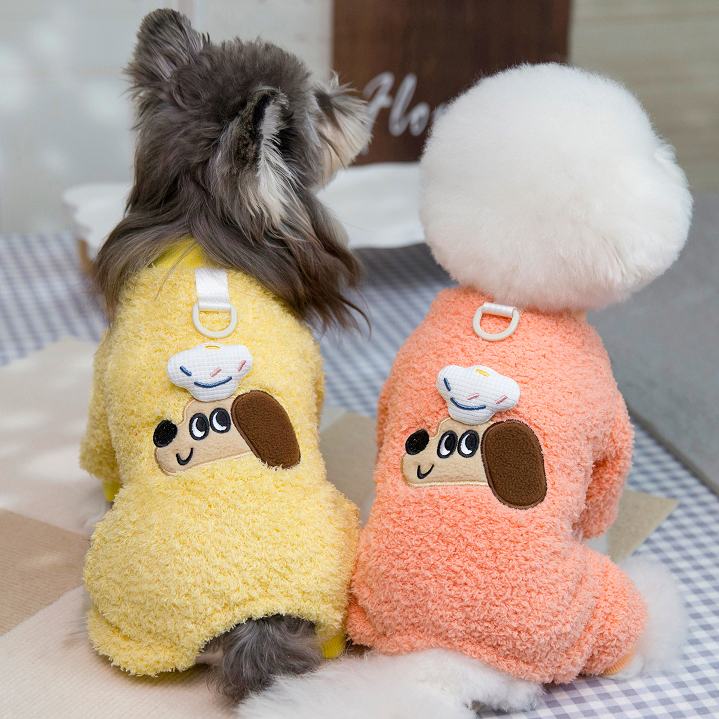 可爱宠物小狗衣服冬天泰迪比熊幼犬四脚加厚保暖绒衣可牵引家居服