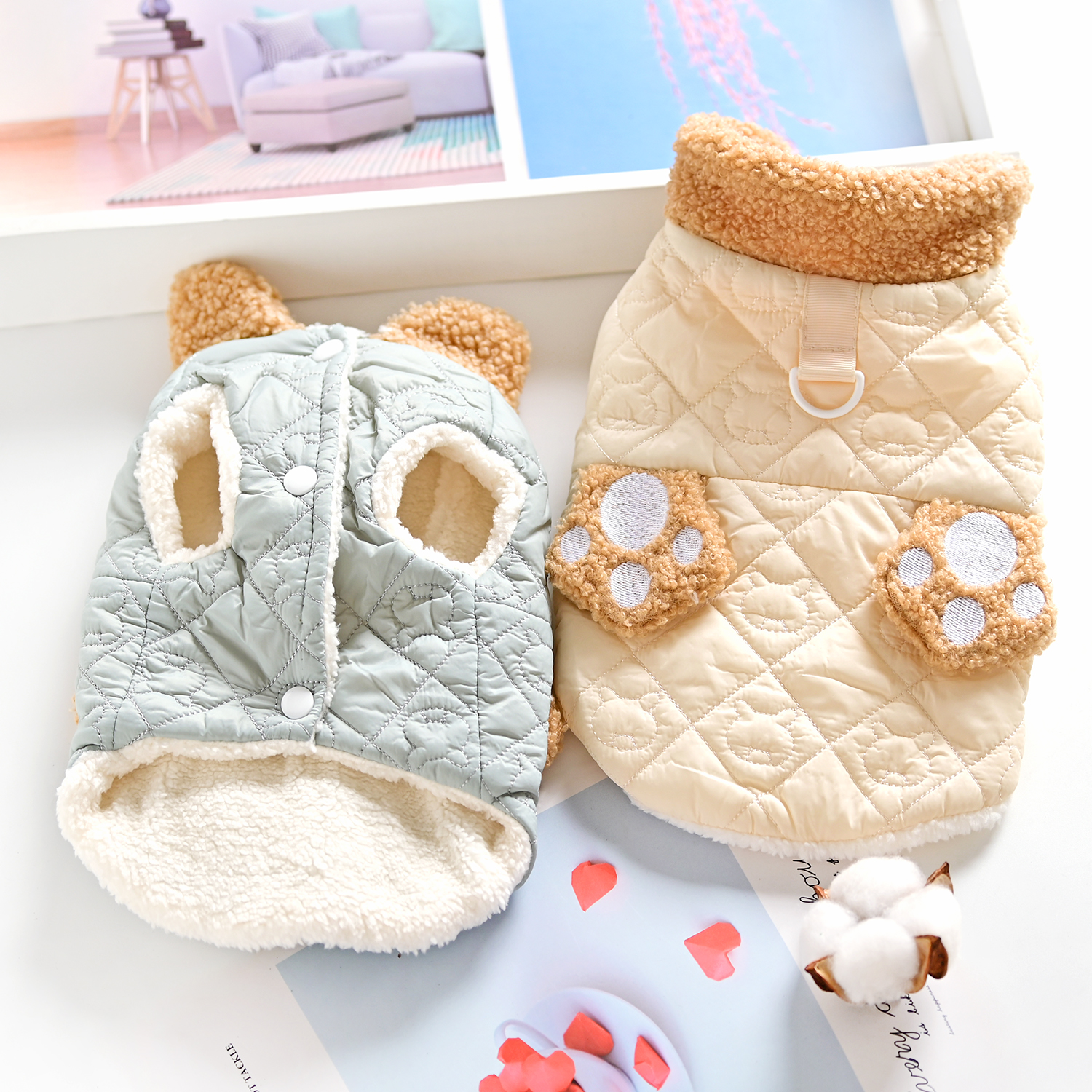 宠物猫咪小狗狗冬天衣服可爱泰迪博美比熊犬加绒保暖背心牵引棉衣