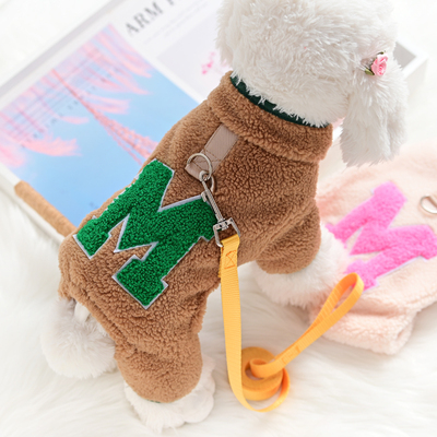 宠物小型犬博美比熊泰迪狗狗衣服秋冬天加厚保暖带牵引绳四脚绒衣