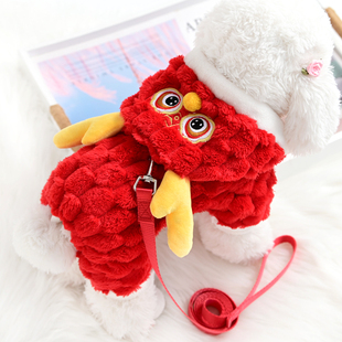 宠物新年装红色狗狗过年衣服春秋冬装保暖可牵引四脚绒衣春节喜庆