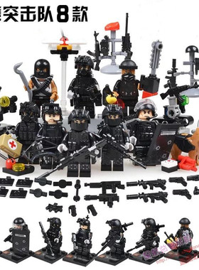 现代城市防爆警察拼装积木人仔军事特警猎鹰突击队绝地求生小玩具