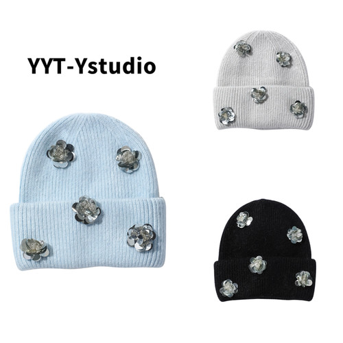 YYT-Ystudio重工亮片钻饰花朵毛线帽碎片兔毛针织帽早春小众帽子