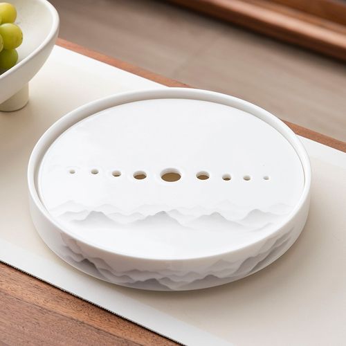 精选羊脂玉e水墨白瓷茶盘新款小形简约茶台圆形功夫茶具储水托盘