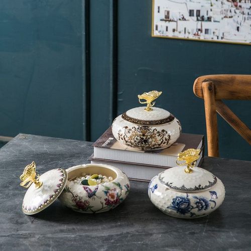 精选美式复古陶瓷带盖烟灰缸首饰盒客厅储物收R纳盒创意欧式防飞