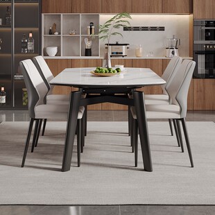 精选政府补贴奶油风微晶石餐桌椅组合现代M简约餐厅可伸缩方圆两
