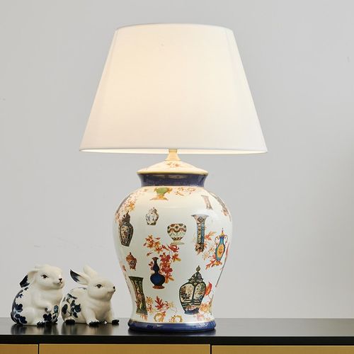 精选中式创意彩绘陶瓷台灯美式客厅书房灯意式高档T卧室床头灯新