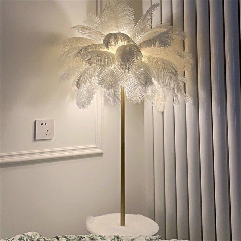 精选驼鸟羽毛落地灯北欧ins客厅沙F发卧室网红茶几落地灯带置物架