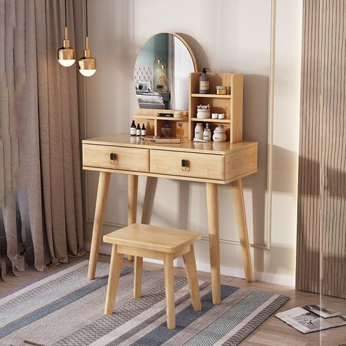 精选实木梳妆台现代简约卧室床头收纳柜一体化妆台小W型新款轻奢
