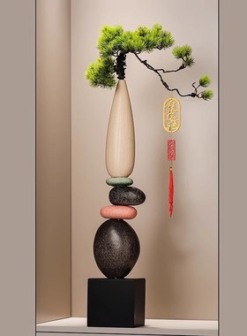 优选LUXdURY入门玄关造景迎客松石来运转花瓶摆件客厅新中式工艺