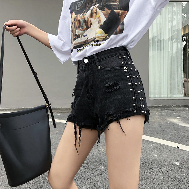 2019春夏新款韩版折边高腰宽松阔腿磨破黑色牛仔短裤女钉珠热裤潮在类目 女装/女士精品, 牛仔裤中 - 来自Buy2taobao.com提供专业的淘宝代购服务