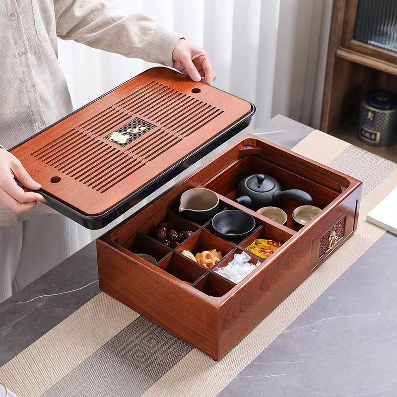优选家用多功能收纳盒茶t托盘新中式实木储物收纳茶具套装茶台竹